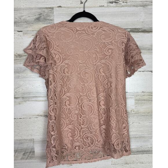 Adrianna Papell womens Large light pint lace top blouse boho short sleeve lined - Picture 2 of 5